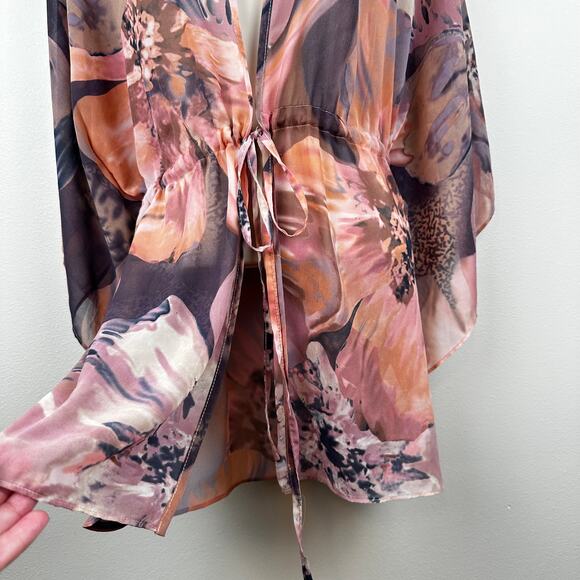 Bob Mackie Wearable Art Tie Front Kimono Semi Sheer Floral Purple Orange Large - Picture 3 of 10